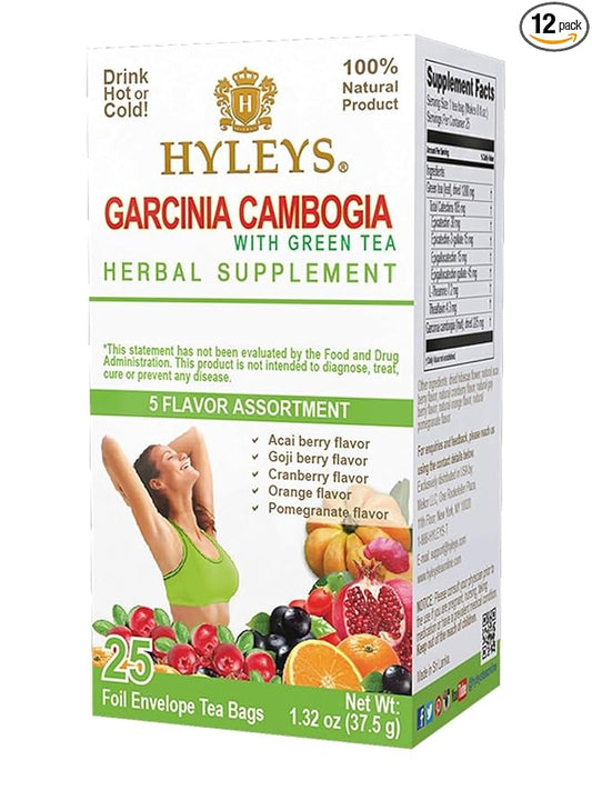 HYLEYS Tea Garcinia Cambogia Green Tea 5 Flavors Assortment - 25 Tea Bags (12 Pack - 300 Tea Bags Total)