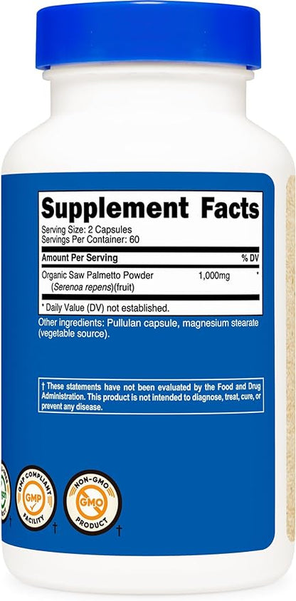 Nutricost Saw Palmetto 1000mg, 120 Capsules - CCOF Certified Made with Organic Saw Palmetto, Vegetarian Friendly, 60 Servings, 500mg Per Capsule, Gluten Free