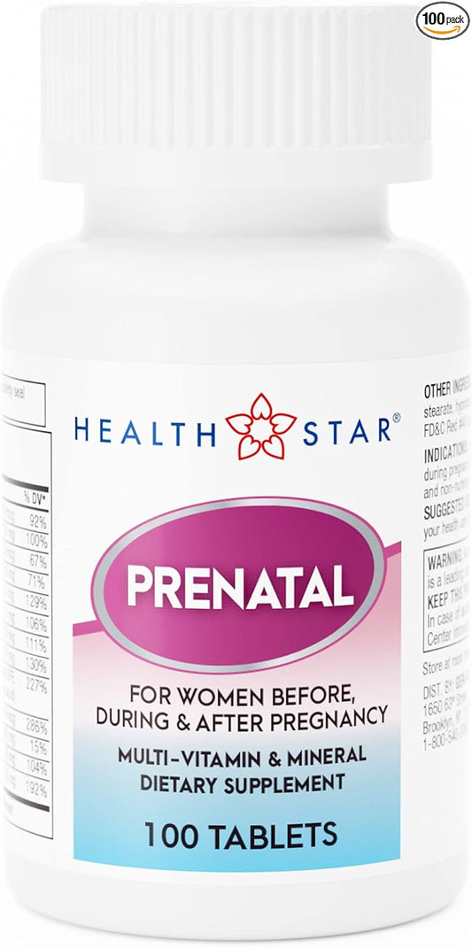 Prenatal Multivitamin by HealthStar for Healthy Mom and Baby - Folate + Vitamin C + Vitamin D + Iron + Calcium + B12 - 100 tablets