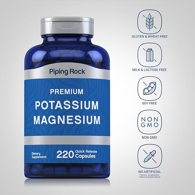 Potassium Magnesium Supplement | 220 Capsules | Non-GMO, Gluten Free | by Piping Rock