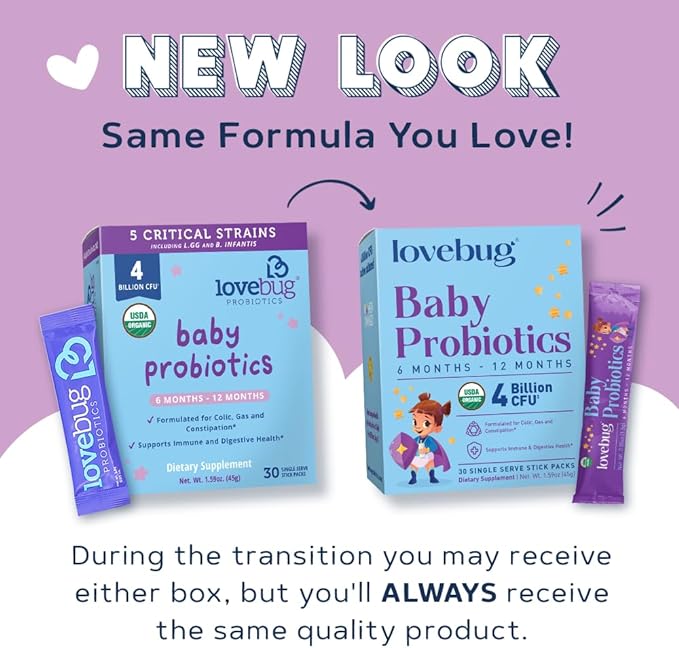 Lovebug Award Winning USDA Organic Probiotic for Babies | Multi-Strain 4 Billion CFU | Easy-to-Take Powder | Sugar Free | Ages 6-12 Months | 30 Packets