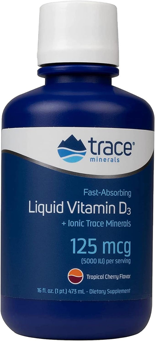 Trace Minerals | Liquid Vitamin D3 | 126 mcg (5000 IU) D3 with Full Spectrum of Ionic Trace Minerals | Fast Absorbing, High Potency | Natural Tropical Cherry Flavor | 32 Servings, 16 fl oz