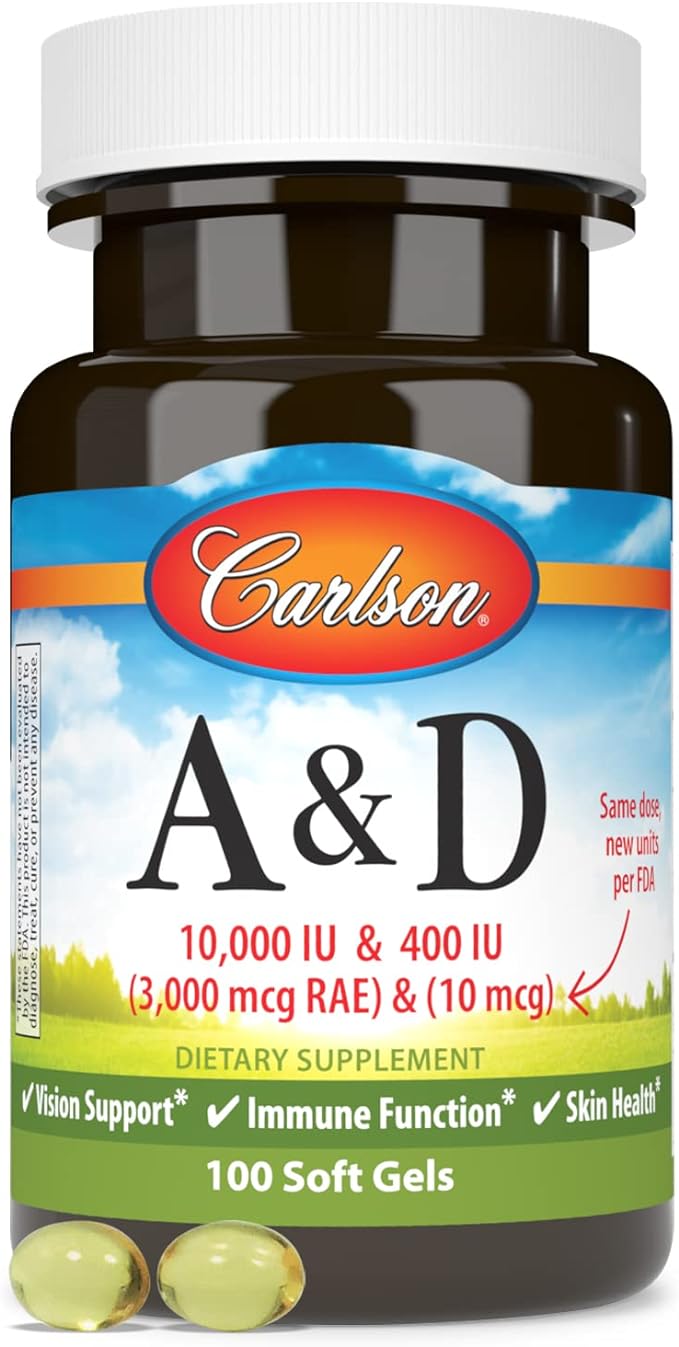 Carlson - A & D, 10000 IU (3000 mcg RAE) Vitamin A, 400 IU (10 mcg) Vitamin D3, Vision Support, Skin Health, 100 Soft Gels