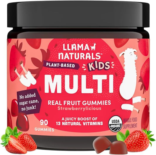 Llama Naturals Real Fruit Gummy Vitamins for Kids, No Added Sugar Cane, Beta Carotenes, Whole Food Multivitamin, Vegan Toddler Gummies, Plant Based, Organic, Chewable 90 ct (30-45 Days) Strawberry