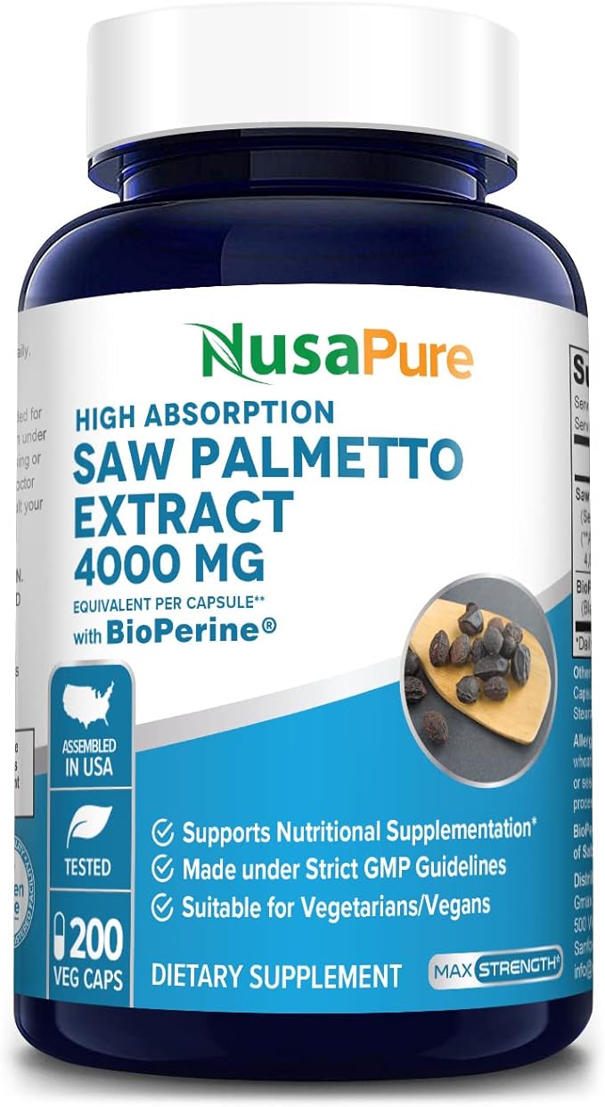 NusaPure Saw Palmetto 4,000mg per Veggie Caps 200 Count (Extract 20:1, Non-GMO, Gluten Free, Vegetarian, Bioperine)