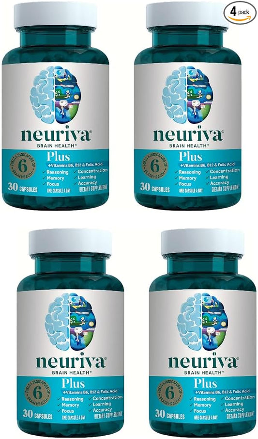 Neuriva Nootropic Brain Support Supplement - Plus Capsules (30 ct), Phosphatidylserine, B6, B12, Supports Focus Memory Concentration Learning Accuracy and Reasoning (Pack of 4)