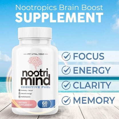 Nootropics Brain Boost Supplement - Focus and Memory Supplement for Brain Health with Vitamins DMAE, Bacopa, Phosphatidylserine - Brain Focus and Performance Blend Cognitive Enhancement, 60 Capsules