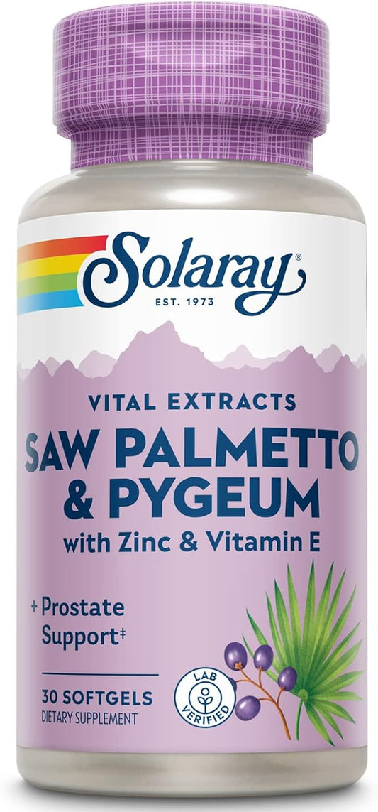 SOLARAY Saw Palmetto and Pygeum - Saw Palmetto for Men w/Pygeum Bark, Zinc, Vitamin E, Pumpkin Seed Oil - Prostate Supplements for Men w/Beta Sitosterol - 60-Day Guarantee - 30 Servings, 30 Softgels