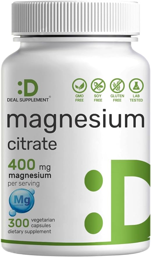 Magnesium Citrate 400mg Per Serving, 300 Veggie Capsules – Chelated, Easily Absorbed, Purified Trace Mineral – Muscle, Heart, & Digestive Support – Non-GMO