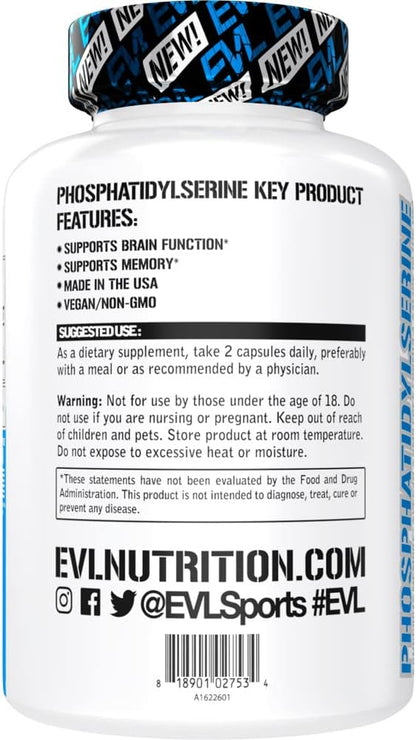 PhosphatidylSerine Nootropics Brain Support Supplement - Advanced Anti Aging Brain Supplement for Memory and Focus with Phosphatidylserine 300mg - EVL Vegan Non-GMO Brain Health Supplement for Adults