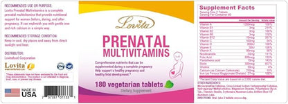 Prenatal Multivitamins - Folic Acid, Calcium, Iron, Vitamins A/B/C/D/E/K - 180 Vegan Tablets