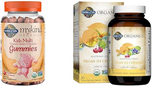 Garden of Life Organic Kids Gummy Vitamins Fruit 120ct & Vegan Vitamin D3 from Lichen 30ct