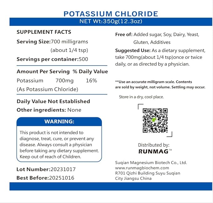 Food Grade Potassium Chloride Powder, 700mg per Serving, 350g/Pck