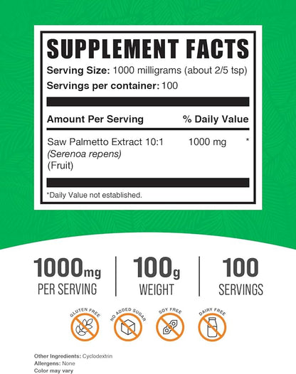 BulkSupplements.com Saw Palmetto Extract Powder - Serenoa Repens, Saw Palmetto Supplement, Saw Palmetto Powder - Vegan & Gluten Free, 1000mg per Serving, 100g (3.5 oz) (Pack of 1)