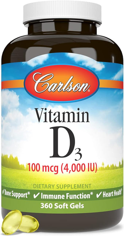 Carlson - Vitamin D3, 4000 IU (100 mcg), Bone & Immune Health, Cholecalciferol Supplement, Gluten Free Vitamin D Capsules, 360 Softgels