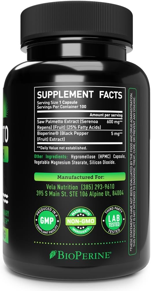 Vela Saw Palmetto Extra Strength High Absorption Supplement Capsules - No Bad Smell - 1 Capsule x Day - 600 mg