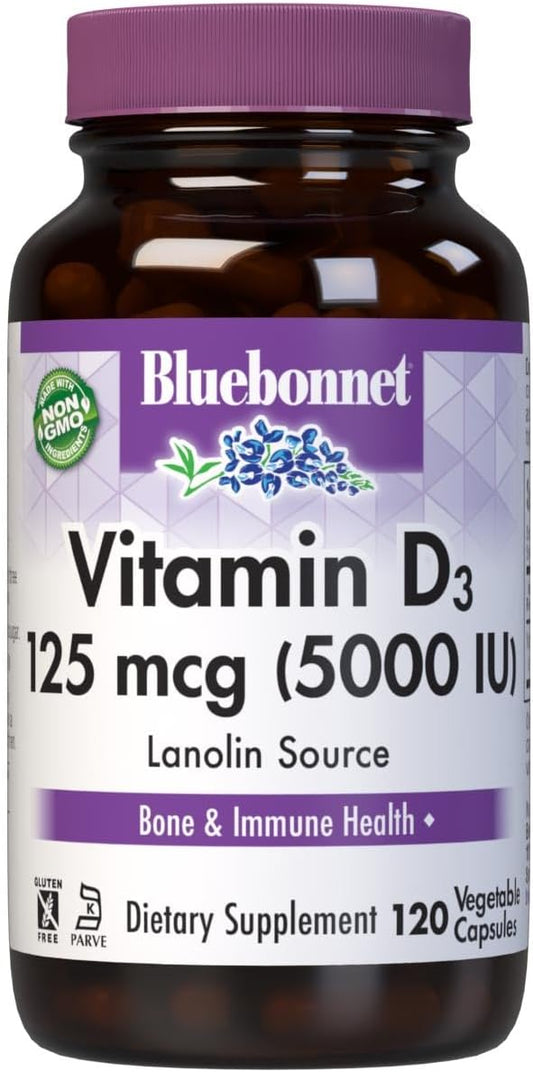 Bluebonnet Vitamin D3 5000 IU Vegetable Capsules, 120 Count