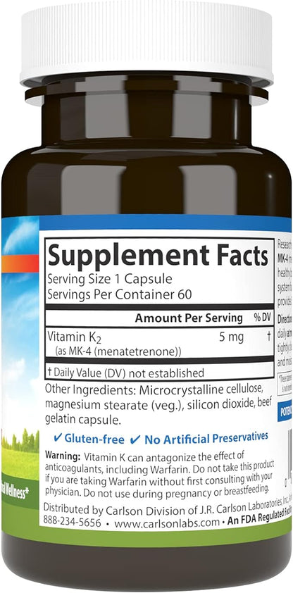 Carlson - Vitamin K2, MK-4 (Menatetrenone), Vitamin K Supplement, Bone & Heart Health, K2 Vitamin, Soy-free, 60 capsules