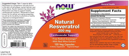 NOW Supplements, Natural Resveratrol 200 mg with Red Wine Extract, 120 Veg Capsules