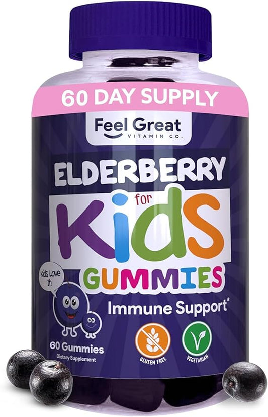 Feel Great Kids Elderberry Gummies with Zinc and Vitamin C | Kids Immune Support Sambucus Elderberry Gummies | Berry Flavored Vegan Kids Multivitamins | 60 Day Supply