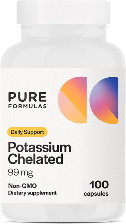 PureFormulas Potassium Supplement Chelated 99 mg Highly Absorbable Pure Potassium Formula for Energy, Nerve, Muscle, Kidney, Heart, and Skeletal Support, Non-GMO - 100 Vegetarian Capsules