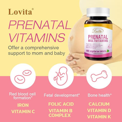 Prenatal Multivitamins - Folic Acid, Calcium, Iron, Vitamins A/B/C/D/E/K - 180 Vegan Tablets