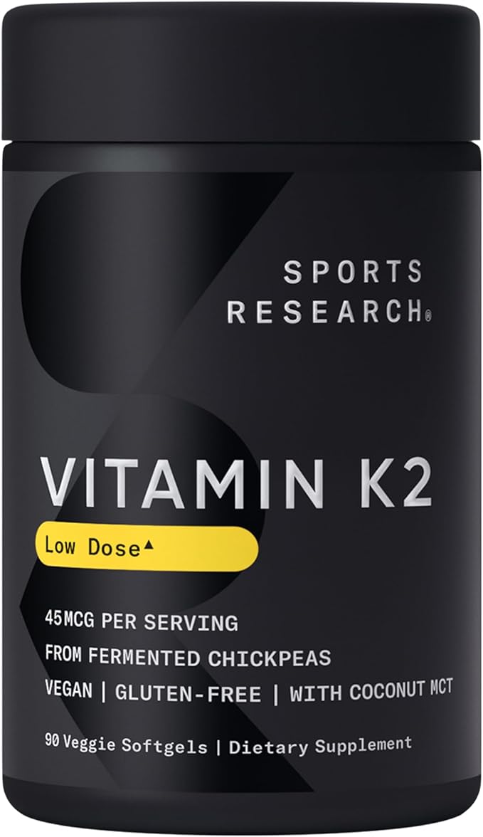 Sports Research Low Dosage Vitamin K2 as MK-7 45mcg with Coconut MCT Oil - 90 Veggie Softgels - Vegan Certified, Non-GMO Verified & Gluten-Free - Citrus Aroma