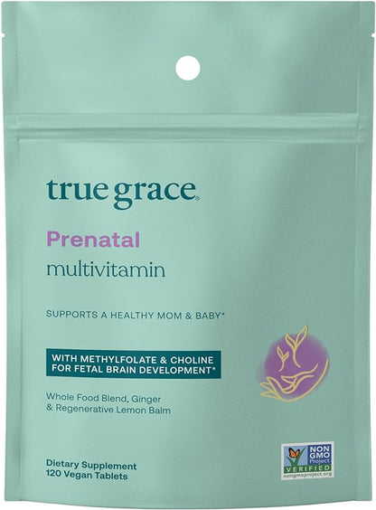 True Grace Prenatal Multivitamin Refill Pouch - 120 Vegan Tablets - Supports a Healthy Mom & Baby with Methylfolate & Choline for Fetal Brain Development - Gluten Free, Soy Free - 60 Servings