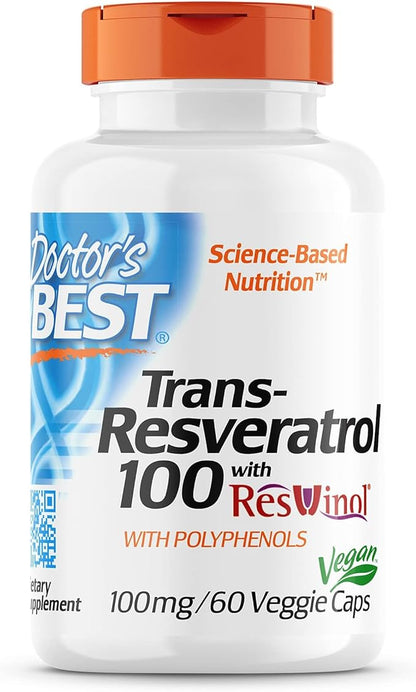 Doctor's Best, Trans-Resveratrol with Resvinol, Non-GMO, Vegan, Gluten Free, Soy Free, 100 mg, 60 Veggie Caps (DRB-00171)