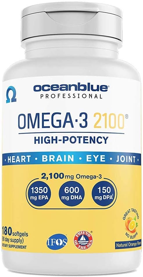 Oceanblue Professional Omega-3 2100 – 180 ct – Triple Strength Burpless Fish Oil Supplement with High-Potency EPA, DHA, DPA – Wild-Caught – Orange Flavor (90 Servings)