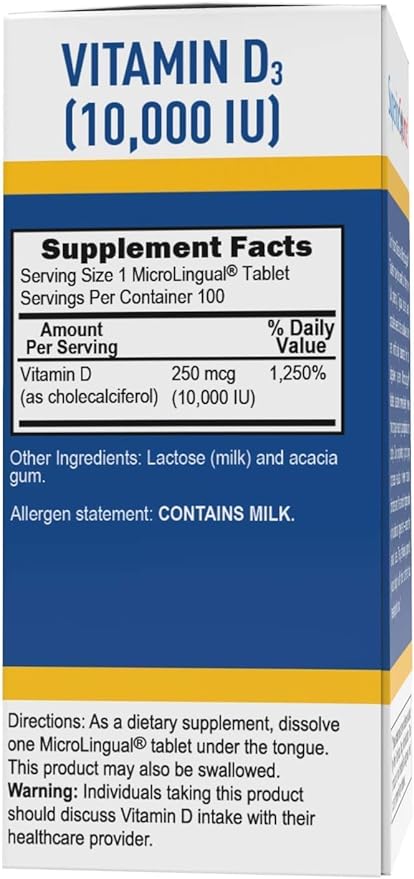 Superior Source Vitamin D3 10000 IU, Quick Dissolve MicroLingual Tablets, 100 Count, Helps Promote Strong Bones and Teeth, Immune Support, Helps Maintain Healthy Muscle Function, Non-GMO