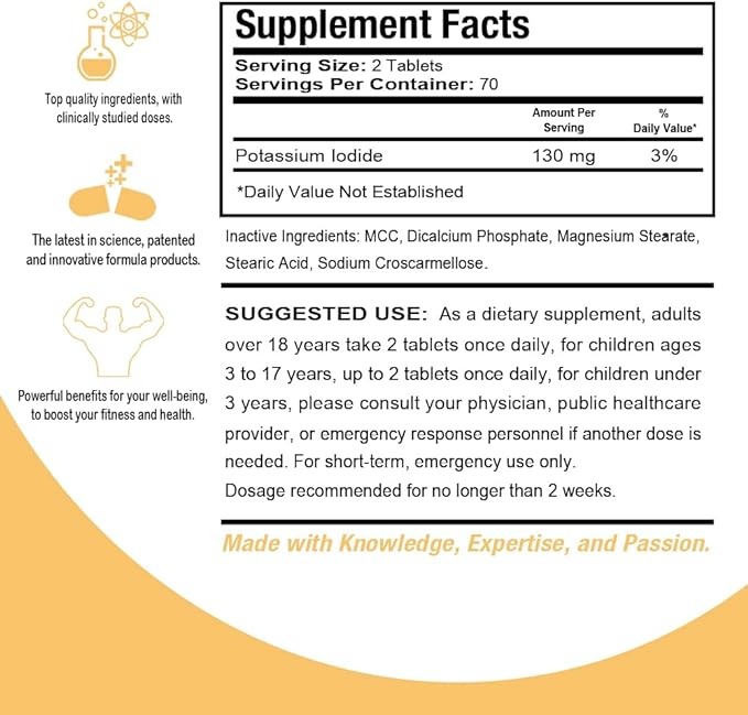 Potassium Iodide Tablets 130 mg - Ki Pills Potassium Iodine Tablets - Short Term (140 Tablets) (5, 140)…