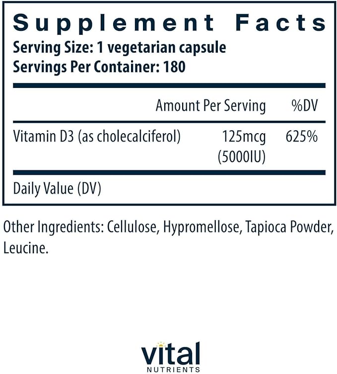 Vital Nutrients Vitamin D 5000 IU | Vitamin D3 Supplement | Healthy Bones, Teeth, Muscles*| Cellular & Immune Function | Calcium Absorption | Gluten, Dairy and Soy Free | 180 Capsules