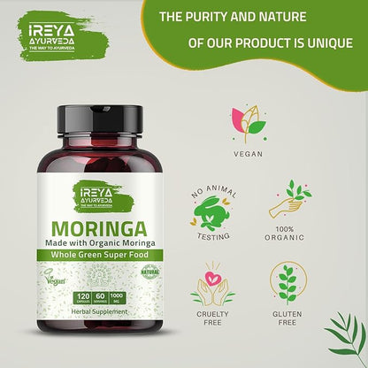 Organic Moringa Capsule 1000 mg (120 Capsules), Moringa Capsules Made from Organic Raw Dried Moringa Leaf Powder | Non-GMO Whole Green Super Food Nutrition 60 Days Supply