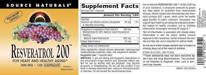 Source Naturals Resveratrol 200 mg for Heart and Healthy Aging - 120 Vegetarian Capsules