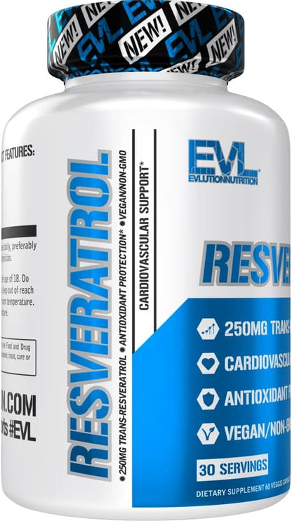 Evlution Anti Aging Trans Resveratrol Supplement Nutrition Super Antioxidant Supplement with 250mg Trans-Resveratrol from Resveratrol 500mg Japanese Knotweed Extract for Immune and Heart Health