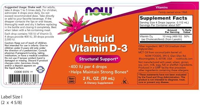 NOW Supplements, Liquid Vitamin D-3, Strong Bones*, Structural Support*, 2-Ounce