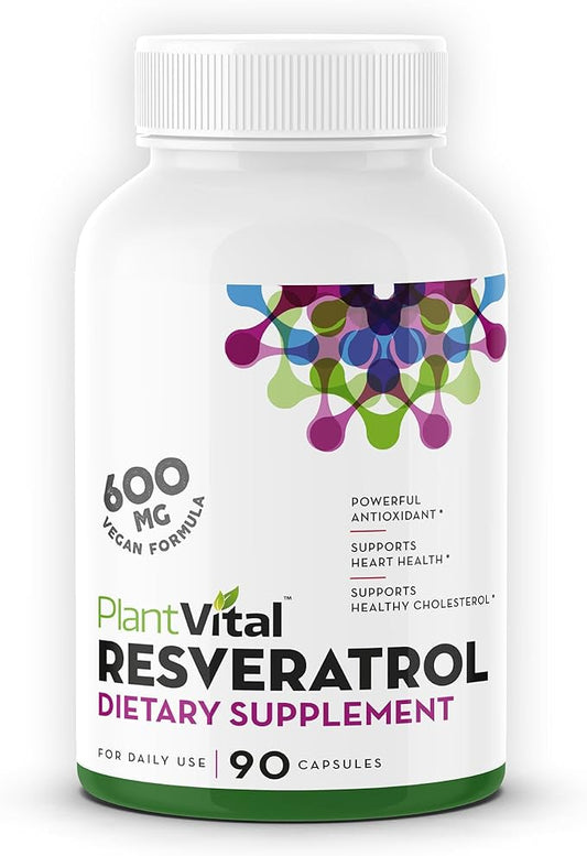 Plantvital RESVERATROL 600mg - Trans Resveratrol Supplement - Supports Immune System and Digestive Health - 90 Trans-resveratrol Capsules (1 Bottle)