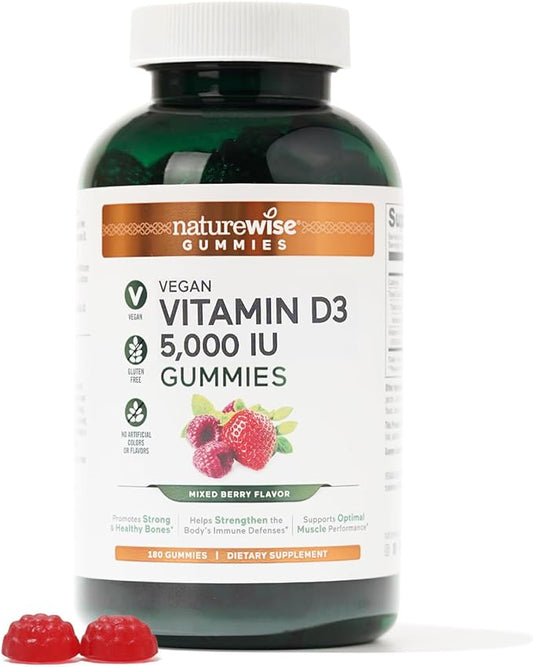 NatureWise Vitamin D3 5000 IU Gummies - Mixed Berry Flavor - Vitamin D Gummies for Adults, Immune Support Supplement, Muscle & Bone Strength - Vegan, Gluten Free, Non-GMO - 180 Gummies[90-Day Supply]