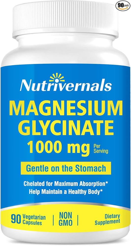 Magnesium Glycinate Nutrition Dietary Supplement 1000mg 100% Chelated for Maximum Absorption Non-GMO Gluten Free 90 Veggie Capsules