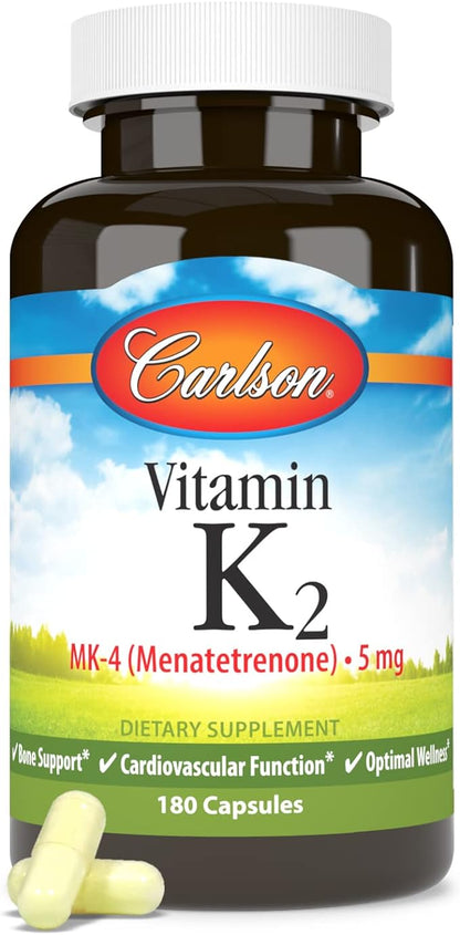 Carlson - Vitamin K2, MK-4 (Menatetrenone), Vitamin K Supplement, Bone & Heart Health, K2 Vitamin, Soy-free, Vitamin K-2, K2 Vitamins, 180 Capsules