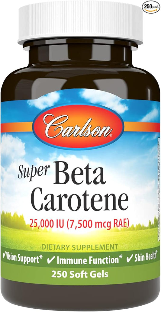 Carlson - Super Beta Carotene, 25000 IU (15 mg), Vitamin A as Beta Carotene, Bioavailable and Bioactive Form, Vision Health, Healthy Skin, 250 Softgels