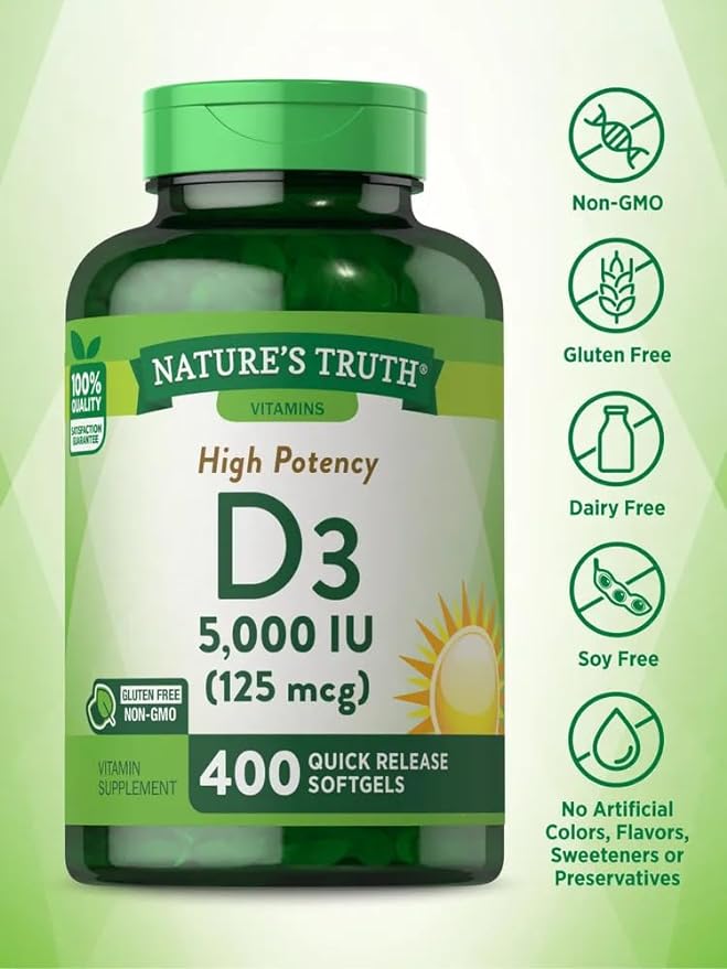 Nature's Truth Vitamin D3 5000 IU | 400 Softgels | High Potency | Non-GMO & Gluten Free Supplement