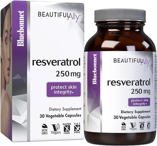 Bluebonnet Nutrition Beautiful Ally Resveratrol 250 mg, Protect Skin Integrity*, Non-GMO, Vegan, Gluten-Free, Soy-Free, Dairy-Free, 30 Vegetable Capsules, 30 Servings