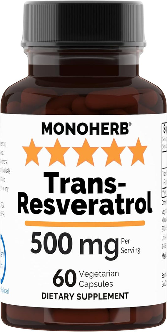 Trans Resveratrol 500 mg - 60 Veg Capsules | 250 mg per Capsule - Serving Size 2 Capsules: 500 mg - 30 Servings