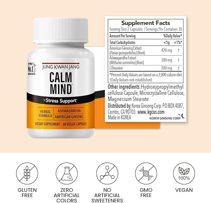 JungKwanJang Calm Formula with Ashwagandha 300mg, American Ginseng 428mg and L theanine 204mg Supplement - 60 Capsule for Men and Women