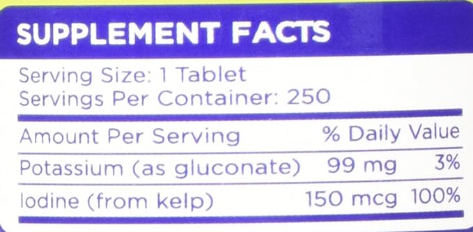 Potassium Gluconate 99mg + 150mcg Iodine from Kelp Bulk (250 Tablets/Bottle)