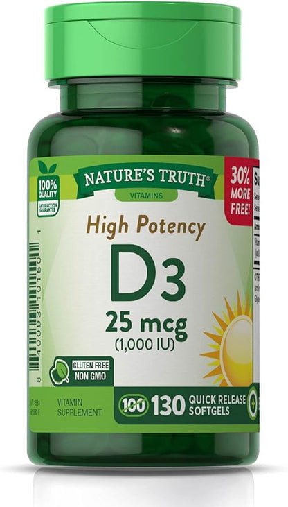 Vitamin D3 1000 IU | 130 Softgels | High Potency D | Non-GMO, Gluten Free, Soy Free | by Nature's Truth