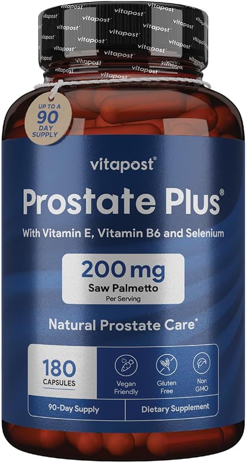 Prostate Plus Natural Prostate Care and Urinary Health Supplement for Men Enriched with Saw Palmetto, Vitamin B6, Vitamin E, Selenium and Zinc. 180 Capsules