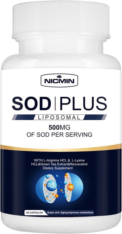 SOD Plus Supplement 500mg Antioxidant Supplements with liposomal glutathione, AKG, Green Tea Extract, L-Arginine, Lysine, Resveratrol and Vitamin E for Immune Support